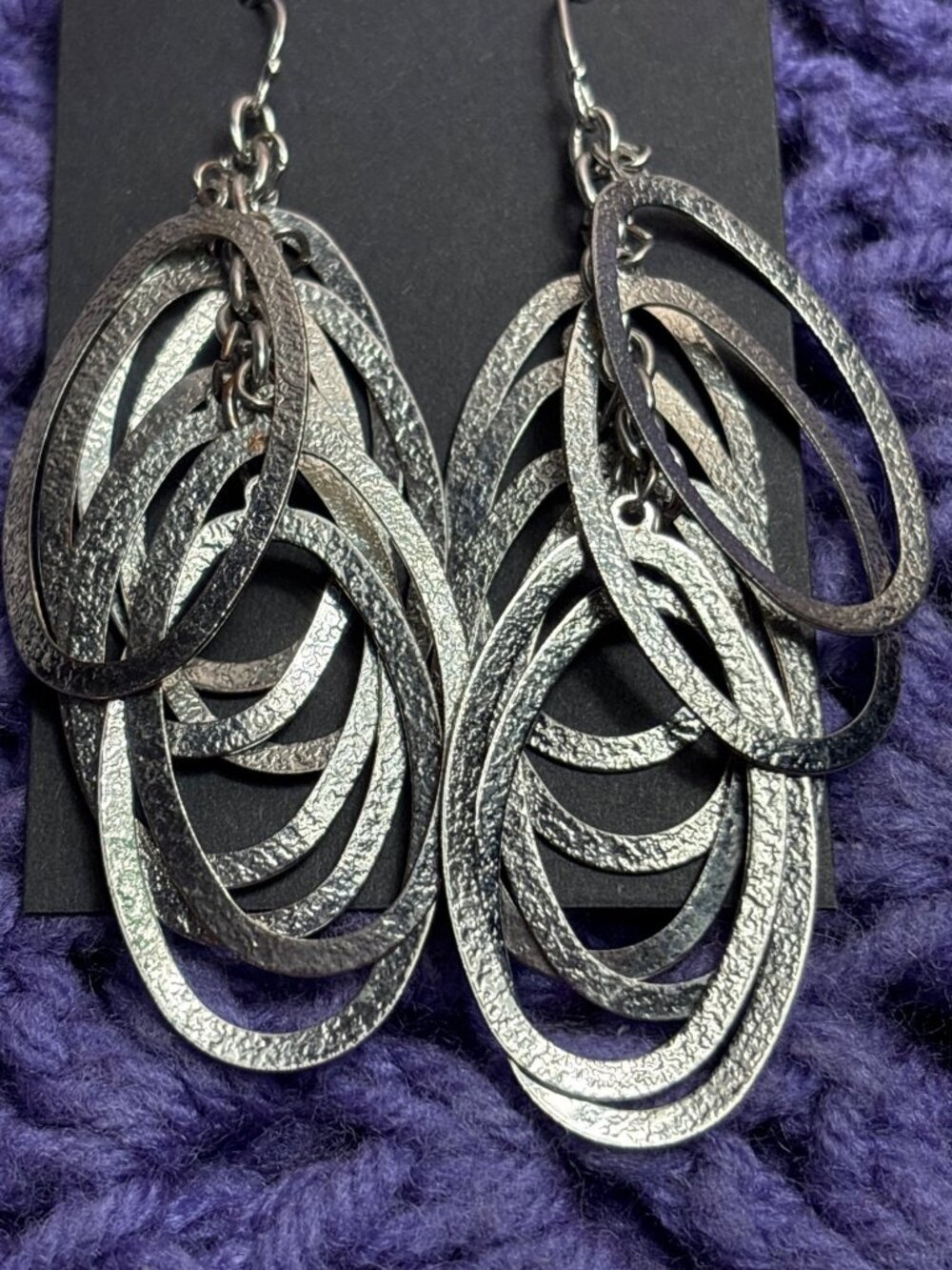Textured Silvertone Ovals Cluster Dangle Earrings 2.25 inches - Picture 2 of 4